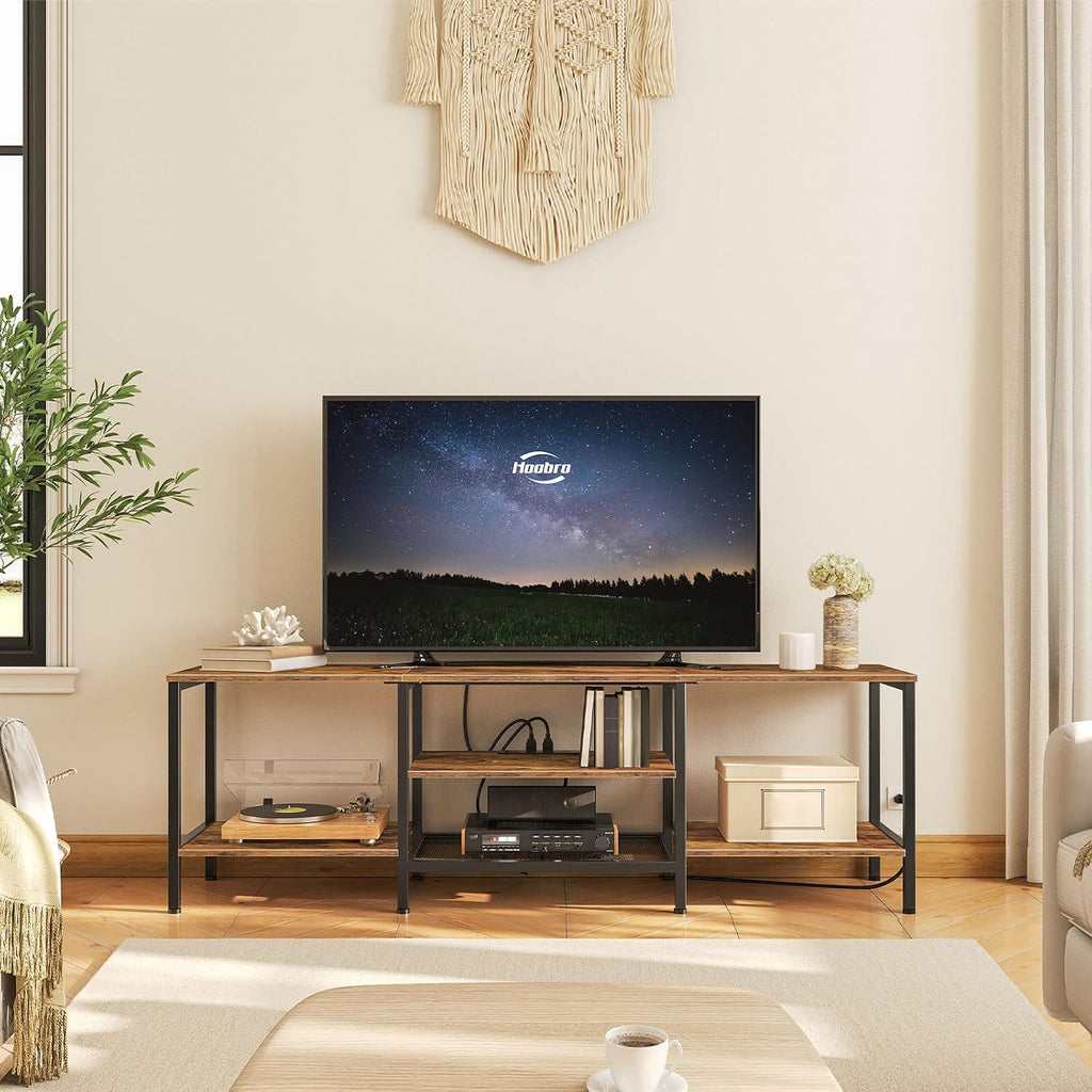 TV Stand with Power Outlets to 75 Inches, TV Console Table with Open Storage Shelves Cabinet, Industrial Media
