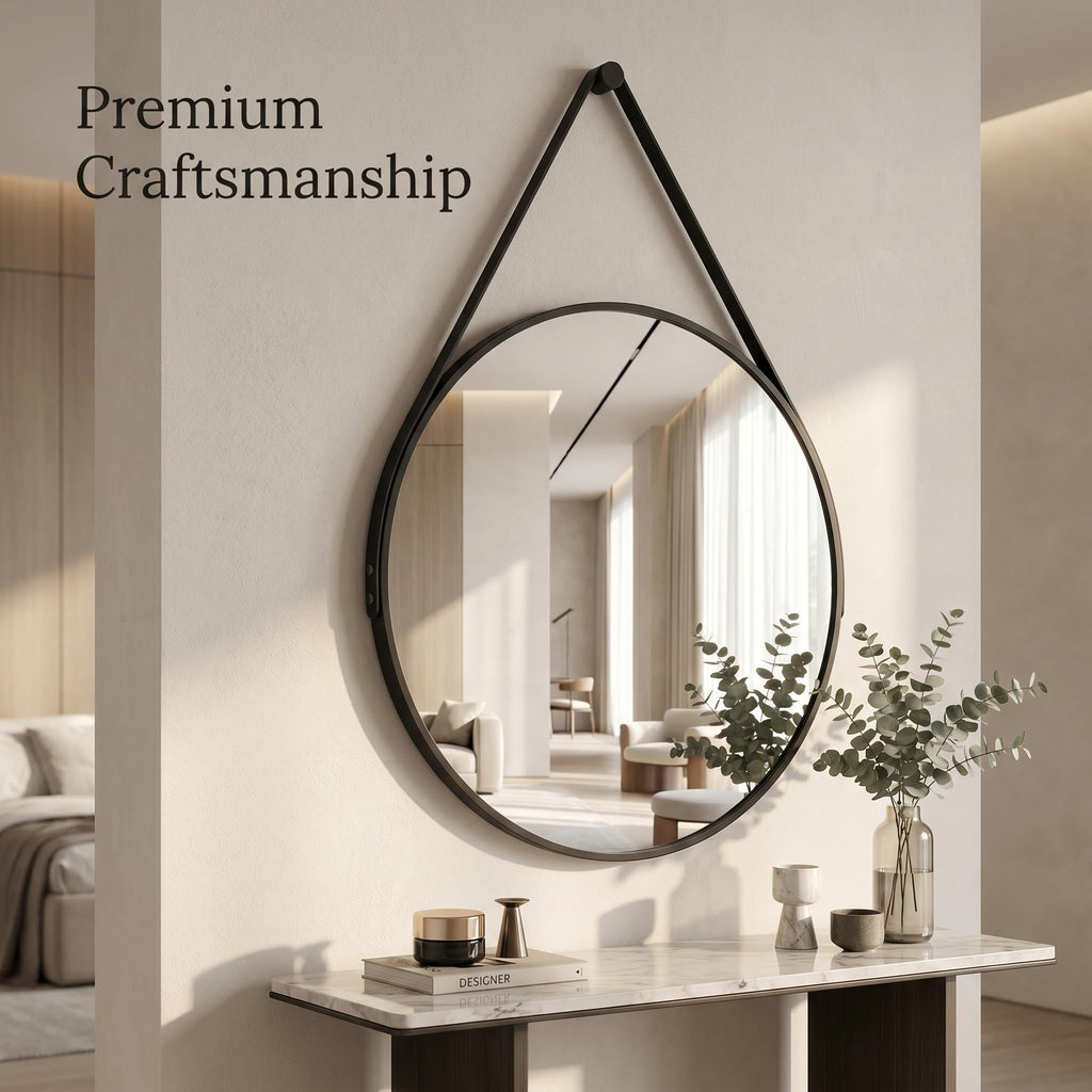16" Black Round Mirror, Circle Wall Mirror with Leather Strap