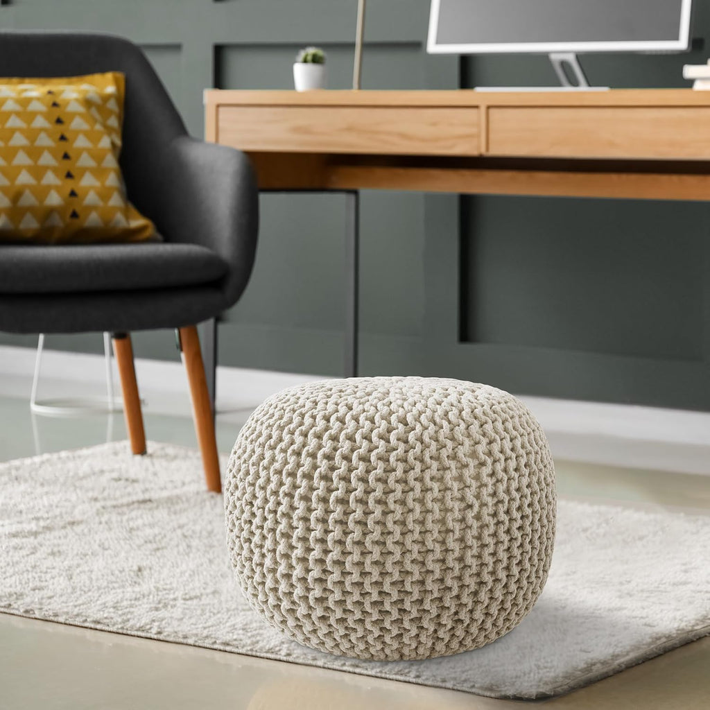 Round Pouf Ottoman, Natural - 20" Diameter x 14.5" High Cotton Knit Foot Stool - Boho Floor Pouffe