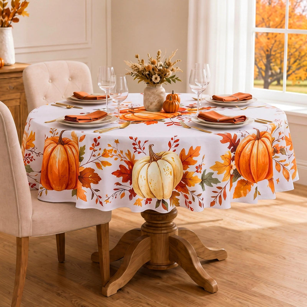 Fall Round Tablecloth, 70 Inch Thanksgiving Orange Pumpkin Farmhouse Decor