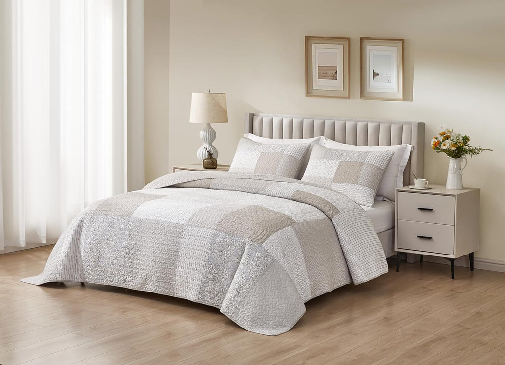 3-Piece Neutral Taupe Gray White Floral Hibiscus Flower Candy Stripe Patchwork Quilt Set - Pre-Washed Cotton