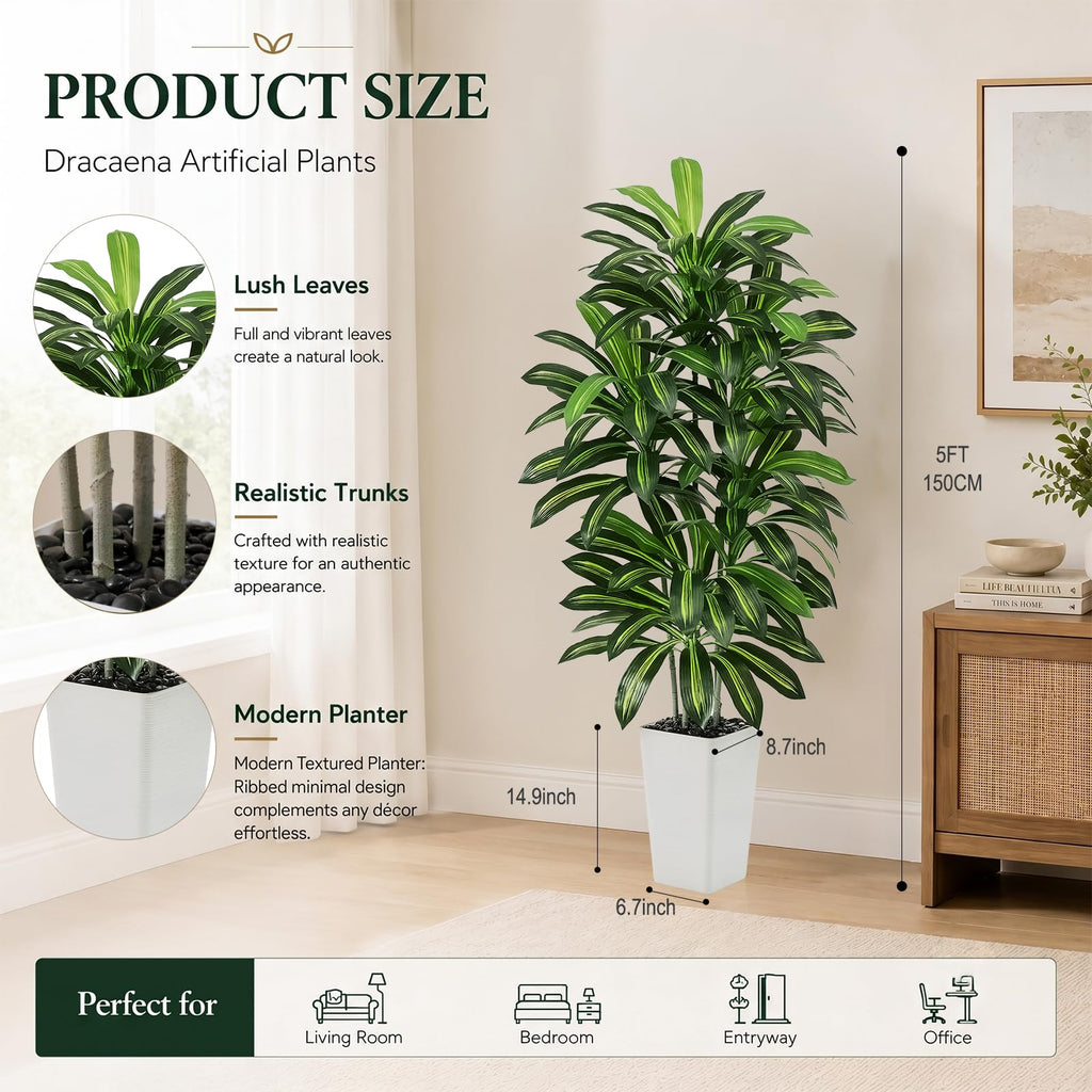 Artificial Dracaena Tree 5FT / White Planter, Tall Plants Indoor