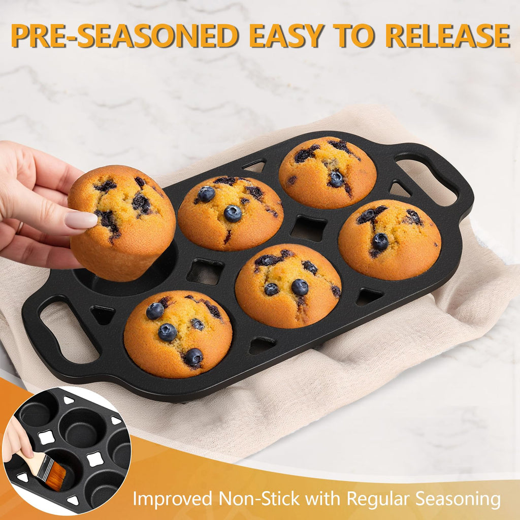 Pre-Seasoned Cast Iron Muffin Pan - 6-Cup Nonstick Cupcake Pan, 2 Piece Set