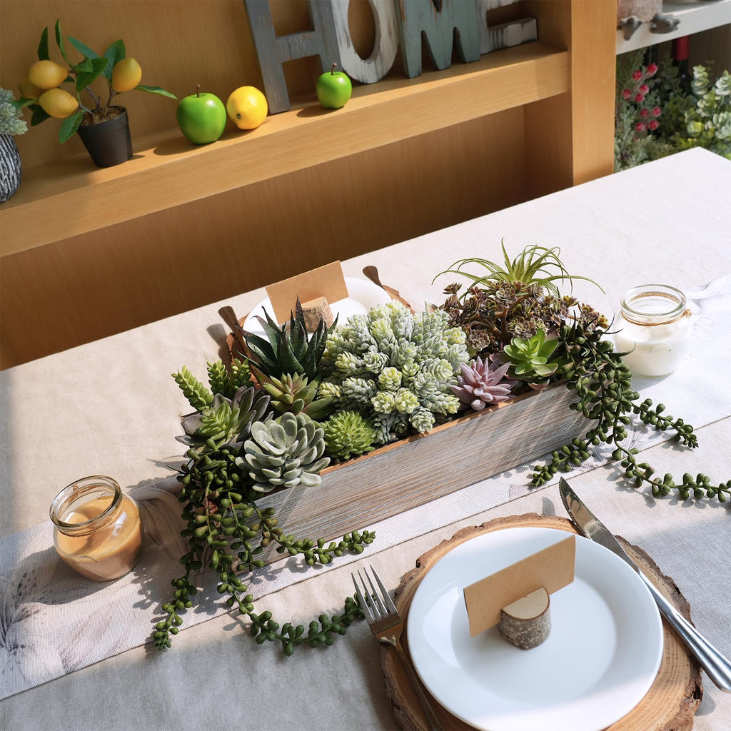 15" Artificial Succulents Plants Arrangement Fake Succulent Plants in Whitewashed Rectangular Wooden Planter Box Faux