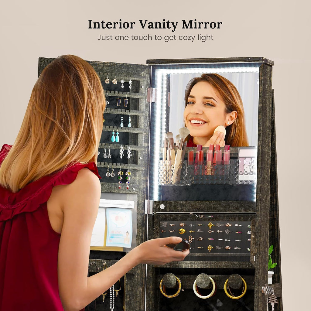 LED Mirror Jewelry Cabinet Standing, 360°Swivel Jewelry Armoire with Full Length Mirror, Mirror with Jewelry Storage