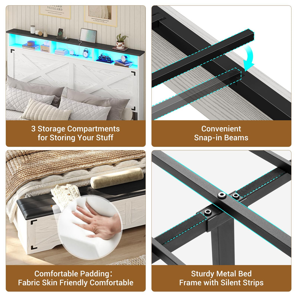 Bed Frame with Storage Ottoman, Farmhouse Bed Frame with Charging Station and Led Light, Headboard with