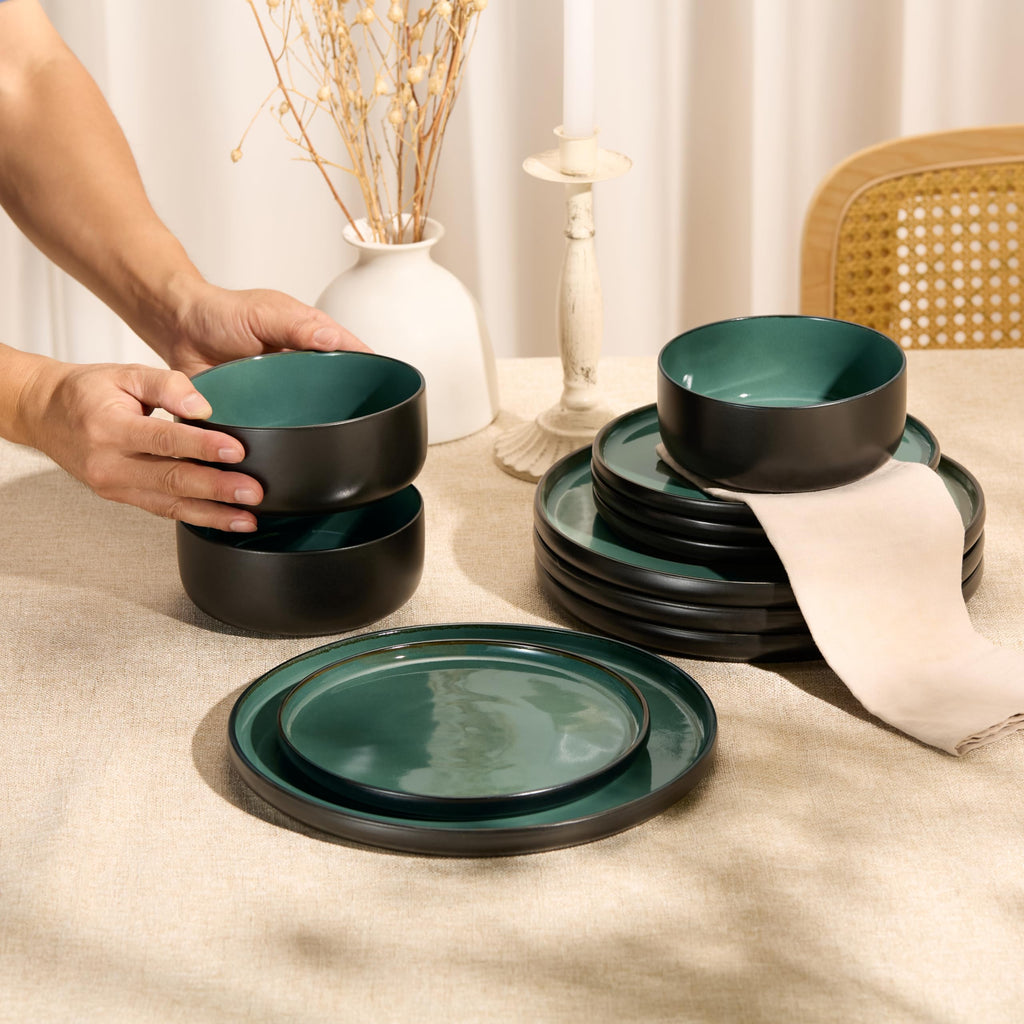 Dinnerware Set, 12 Piece Service for 4, Ceramic 10.5" Dinner Plates, 8.2" Salad Plates and 20 oz Bowls, Stoneware