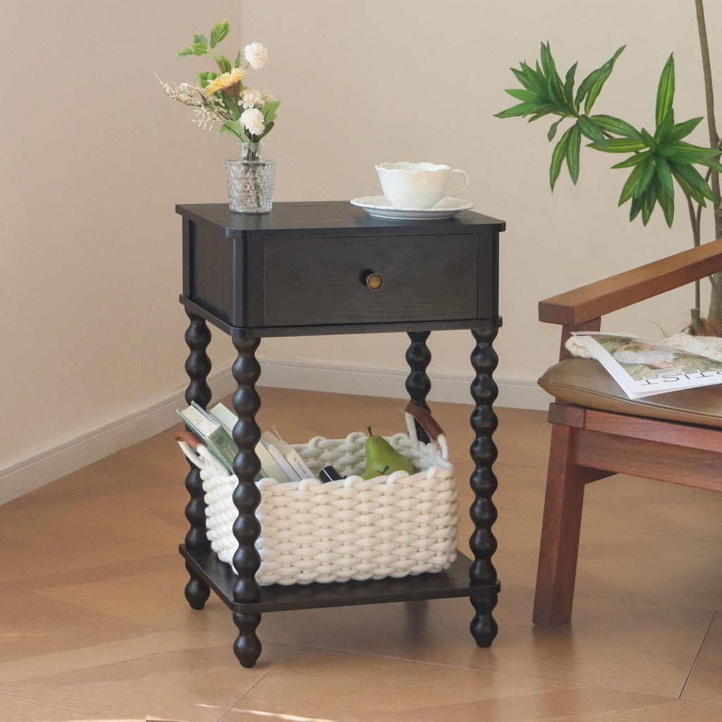 Black Nightstand, Bedroom Side Table with Drawer, Small Bedside End Table with Spindle Wood Legs, Black