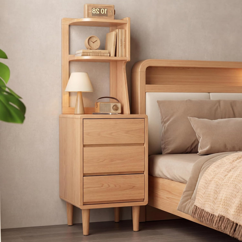 Solid Wood Bookshelf Nightstand Combo, Tall Nightstand with Bookshelf | Oak Nightstand Bookshelf,Narrow Nightstand