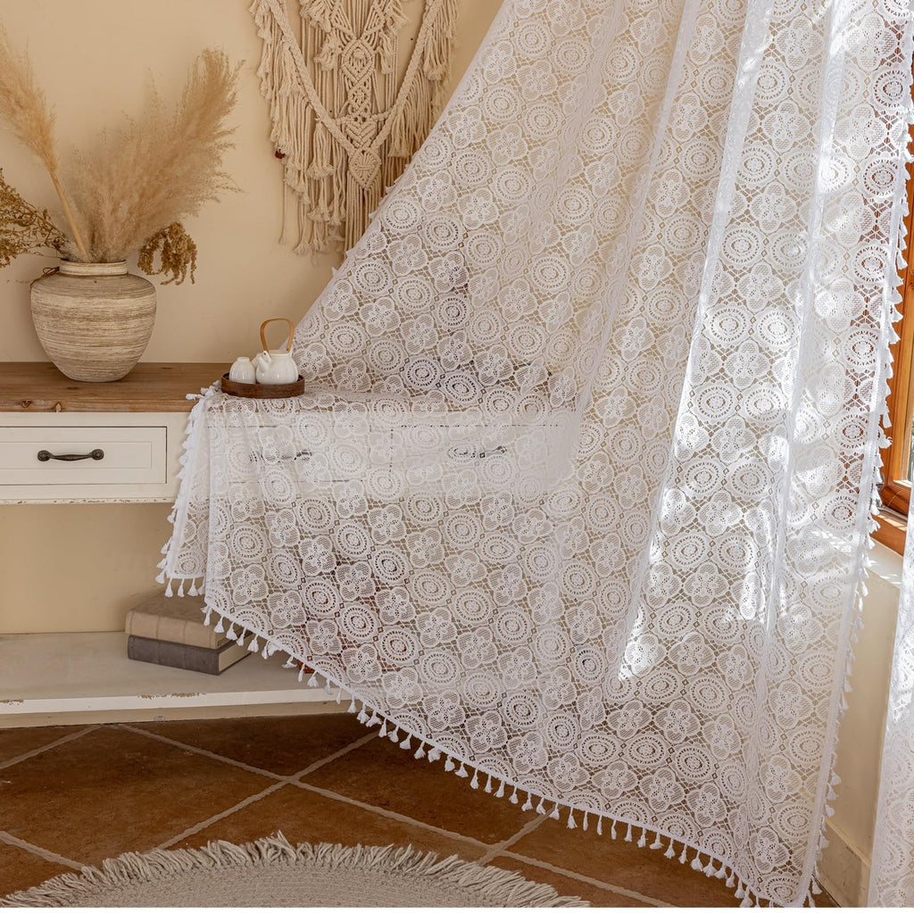 Boho Lace Curtains 108 inch 2 Panels, White Sheer Window Panels