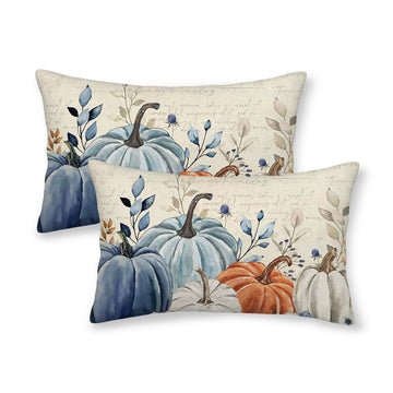 Fall Pillow Covers 12x20 Inch 2 Pcs Vintage Blue Orange Pumpkin