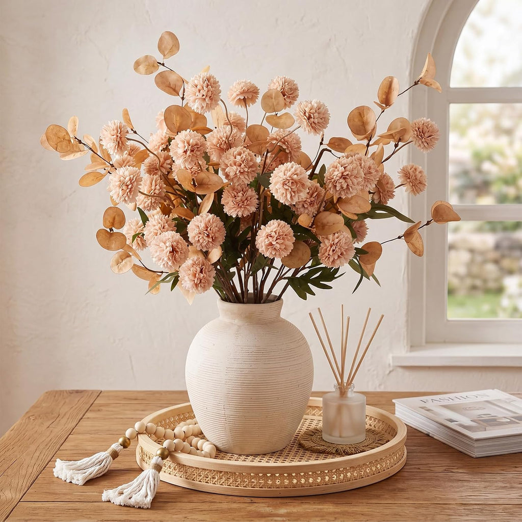 12 Stems of Artificial Flower with 7.5 Inch Rustic Ceramic Vase Vintage Vase Mums Kiku Eucalyptuses Floral