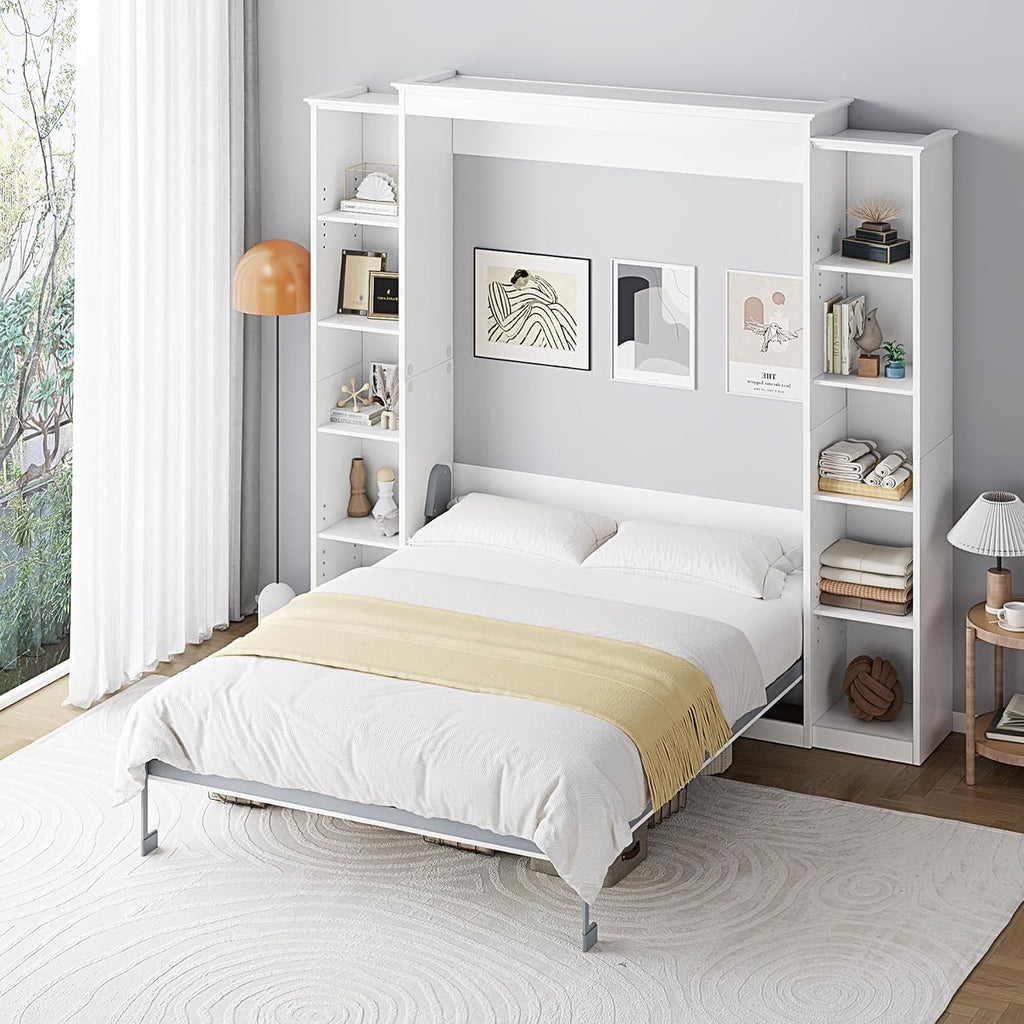 Queen Murphy Bed Cabinet with 5-Tier Adjustable Storage Shelves, Wood Queen Wall Bed Cabinet Bed, Space Saving Beds