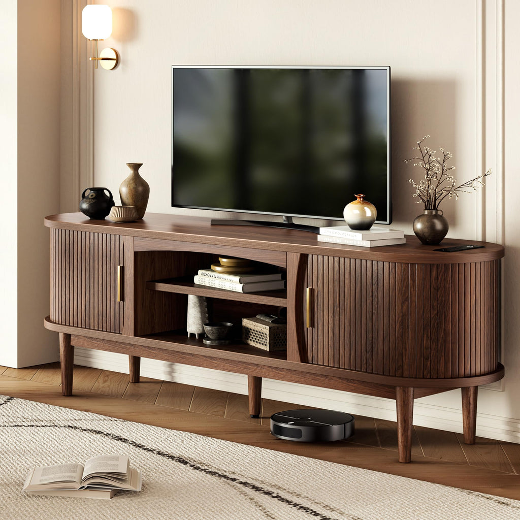 Mid Century TV Stand for TVs up to 70 Inches Entertainment Center with Storage, Power Outlet, Fluted Sliding Doors &