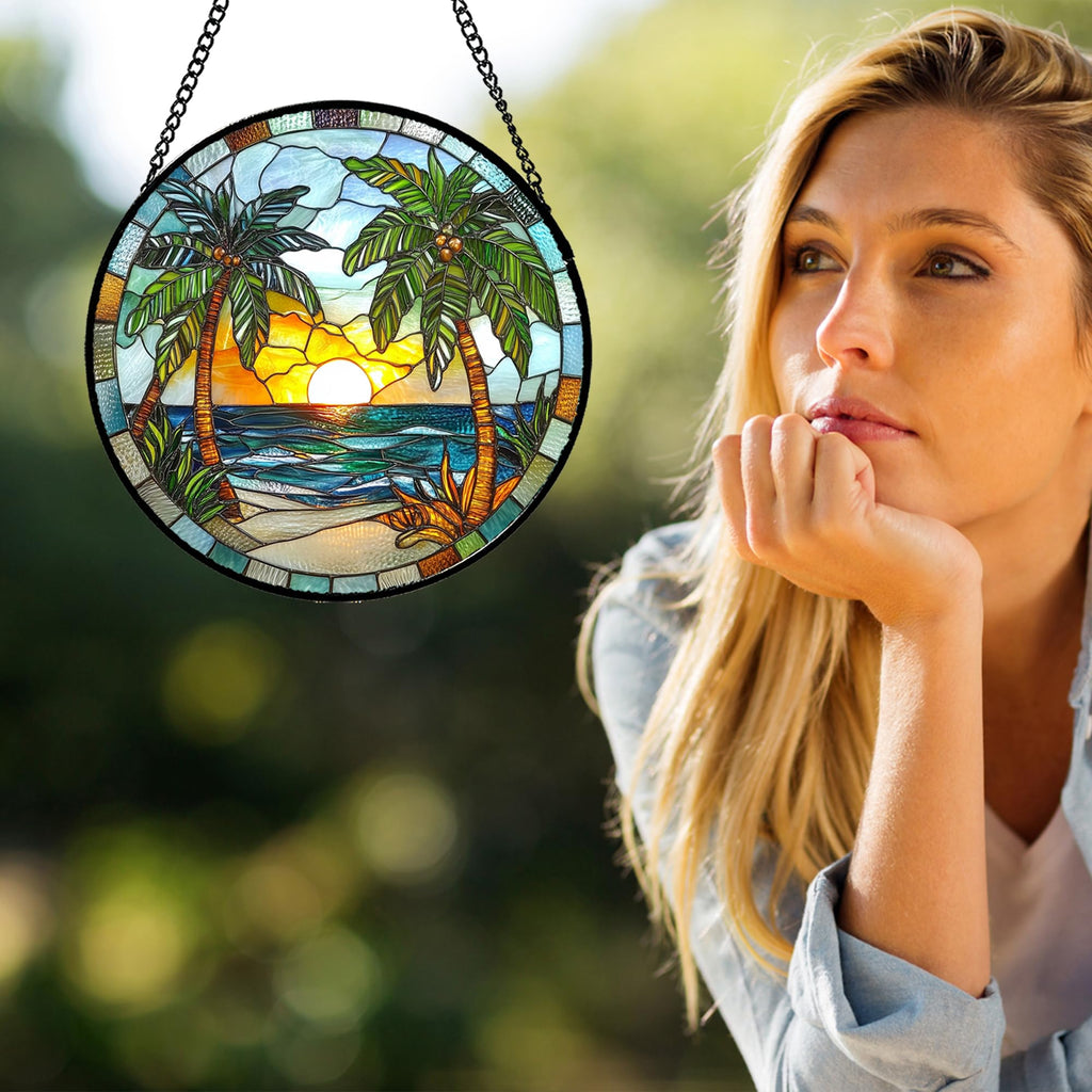 Palm Beach Sunset Stained Glass Window Hanging Suncatcher Gift for Mom 9.8"
