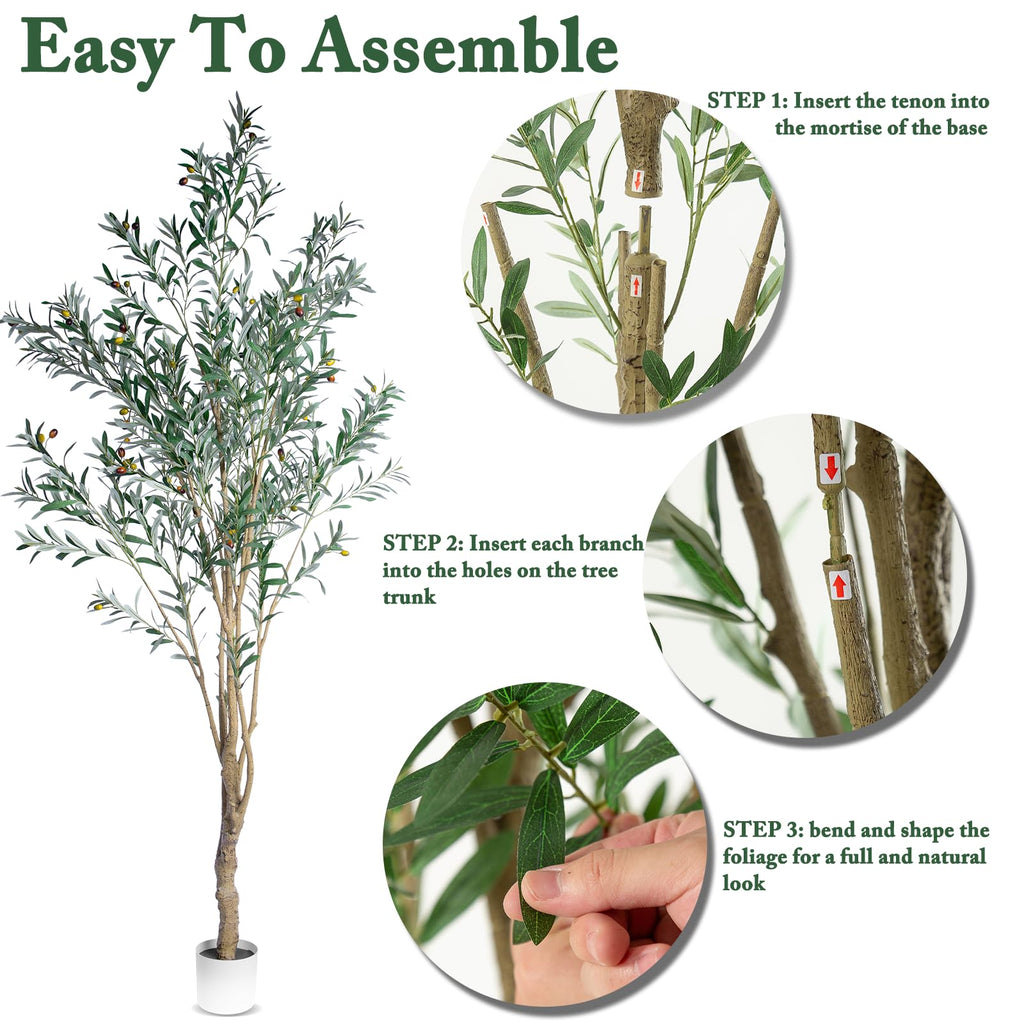 Olive Trees Artificial Indoor, 8ft Tall Faux Olive Tree with Natural Wood Trunk, Realistic Leaves & Fruits, Tall