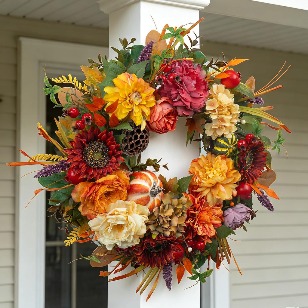24 Inch Artificial Harvest Fall Wreaths for Front Door,Porch & Entryway