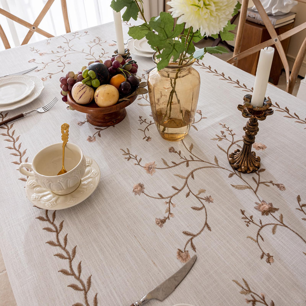Linen Waterproof Tablecloth with Tassels, Rustic Farmhouse Flowers Embroidery Table Cloths for Rectangle Tables