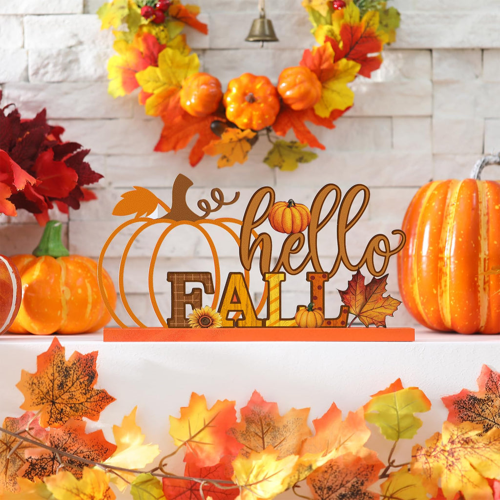 Fall Decorations Metal Pumpkin Table Sign with Wood Base