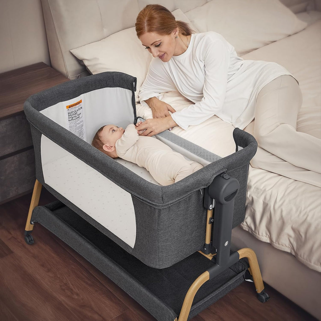 3-in-1 Baby Bassinet, Rocking Bedside Bassinet, Dark Grey | Wheels, comfy mattress, 6 height adjustments, easy