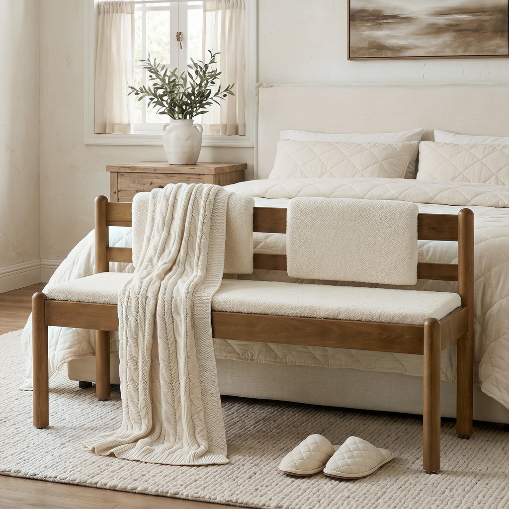 Solid Wood Entryway Bench, 49" Dining Bench with Back, Wood Settee Bench with Upholstered Seat, Farmhouse Bedroom
