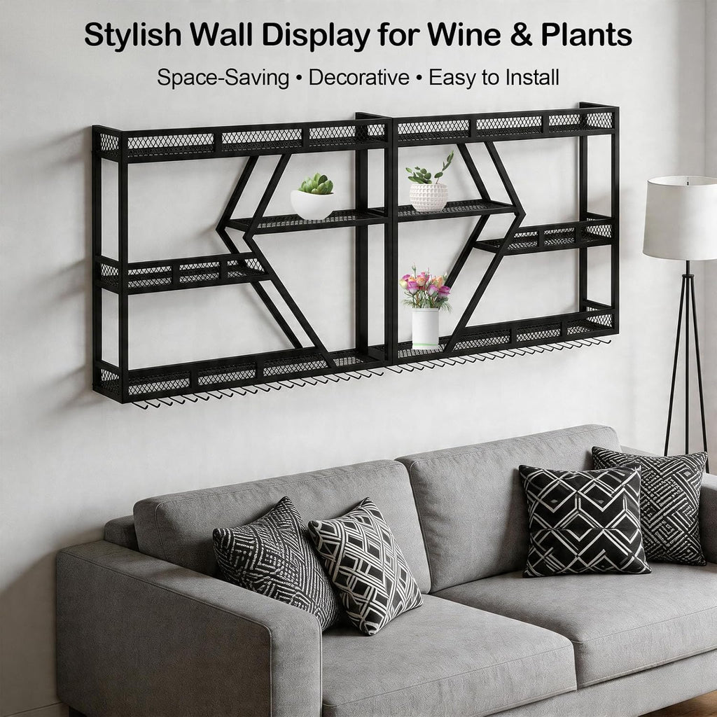 79 Inch Wine Rack Wall Mounted with LED Warm Light, 3-Tier Large Capacity Liquor Shelf with Glass Holder, Industrial