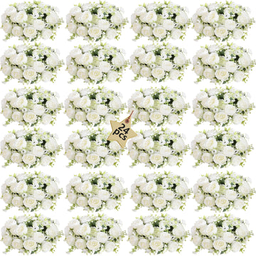 White Peonies Artificial Flowers 24 Bouquets, White Articial Flowers Lifelike Silk Fake Peonies with Stems Table