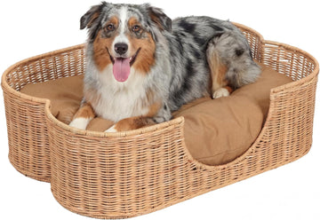Scallop Handwoven Water Hyacinth Pet Bed with Machine Washable Cushion, 31" x 20" Wicker Cat and Dog Bed