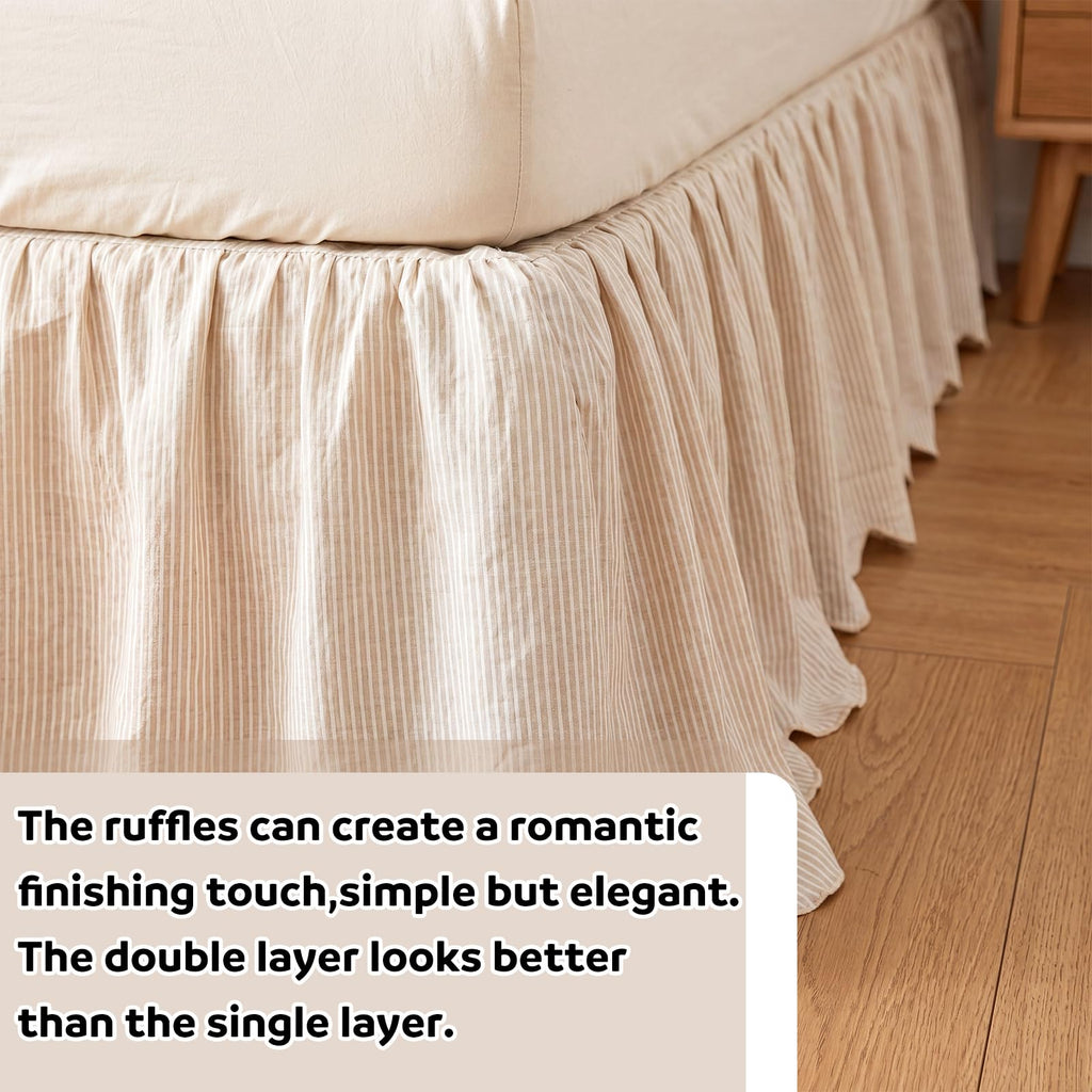 Striped Bed Skirt, 16" Drop, Scallop Dust Ruffle, Cream Ivory