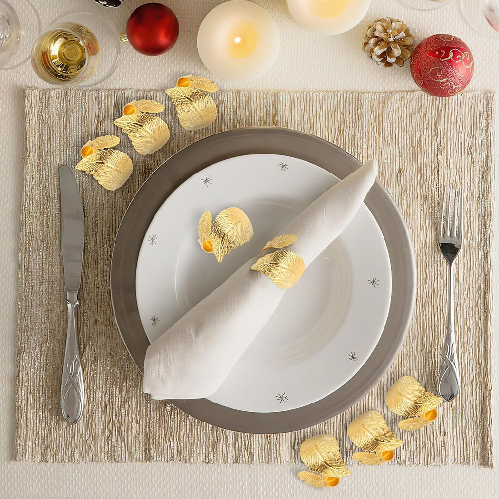 Gold Napkin Rings, Metal Leaf Bulk Napkin Rings, Cloth Napkin Holder Ring Dining Table Decorations - Set of 8