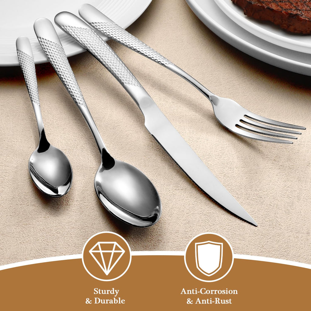 16 Piece Hammered Silverware Set for 4, Premium Food-grade Stainless Steel Flatware Set, Modern Design & Mirror