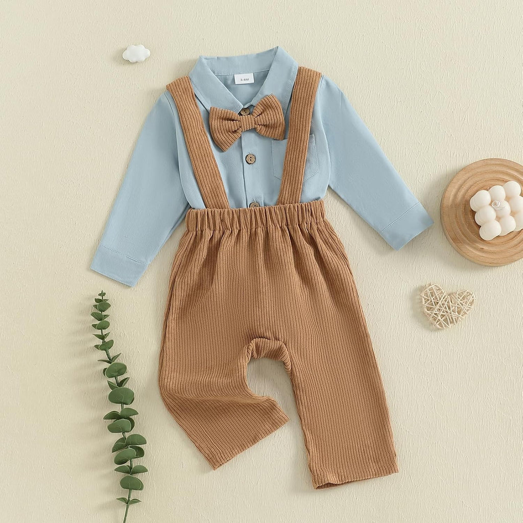 Newborn Baby Boy Fall Outfit Formal Long Sleeve Romper Bow Tie Corduroy Overalls Suspender Pants Set Suit Clothes