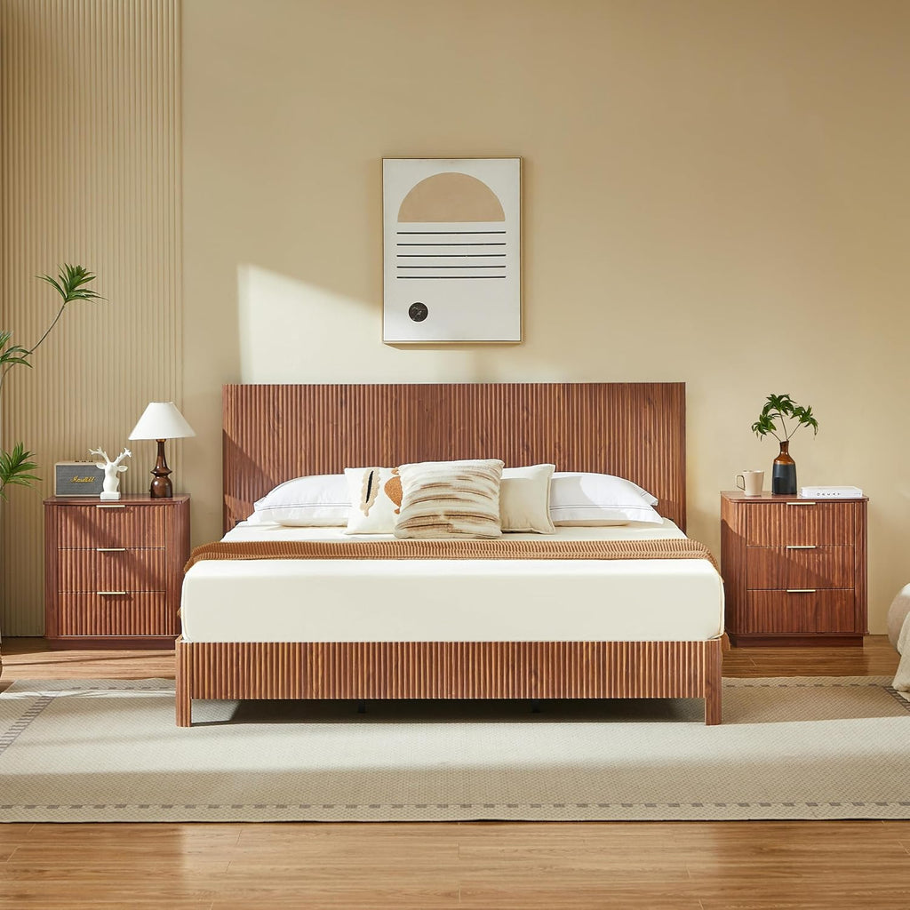 Wood Bed Frame with Headboard, Modern Retro Walnut Platform Beds Frames, Mid Century Rustic Wooden Bedroom