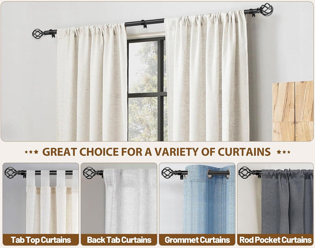Black Curtain Rods for Windows 72 to 144 Inch, Long Drapery Rods | 1 Inch Heavy Duty, Single Curtain Pole, Easy Wall