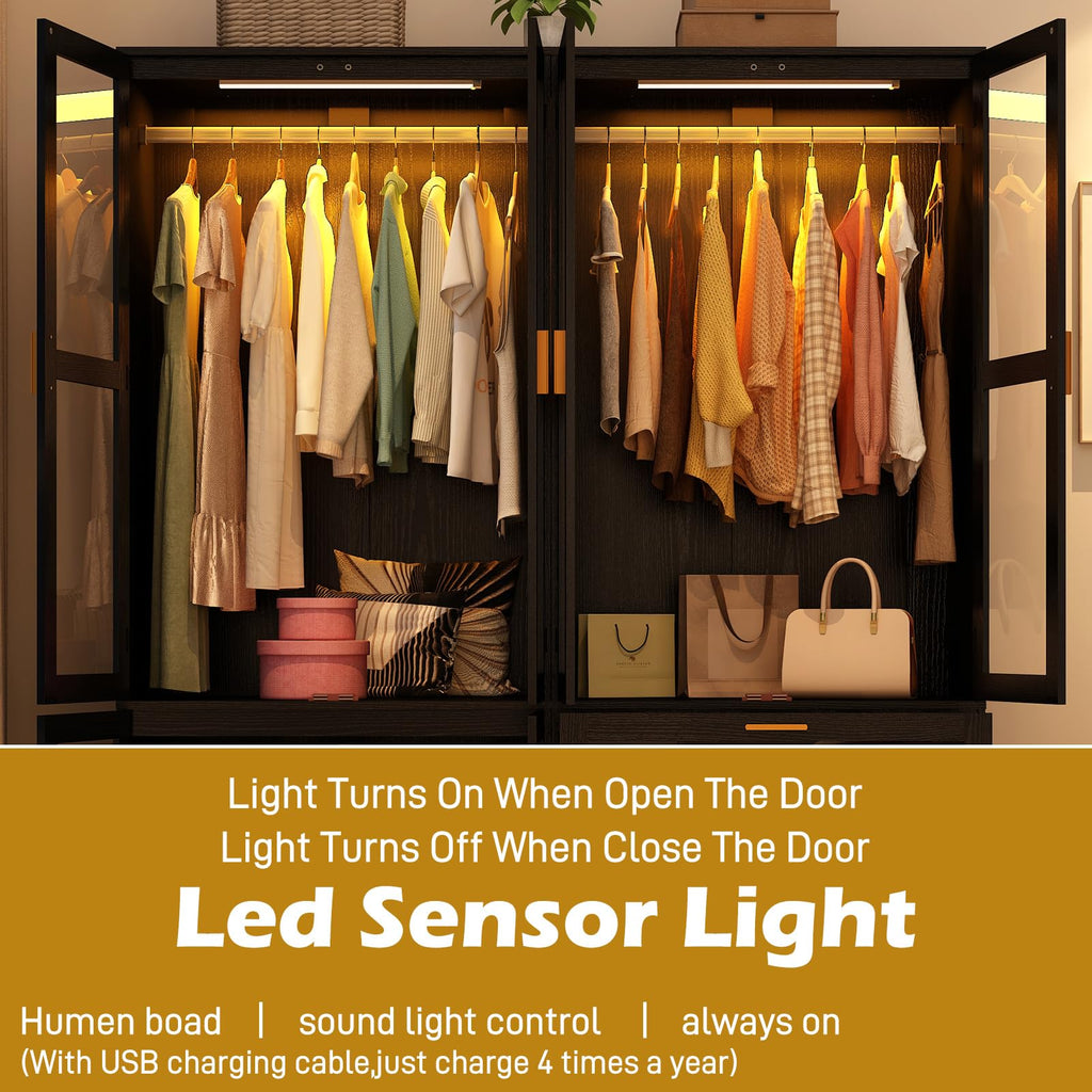 4 Doors Armoire Wardrobe Closet with LED and Mirror, 71" H Freestanding Wooden Wardrobe Closet Cabinet w 2