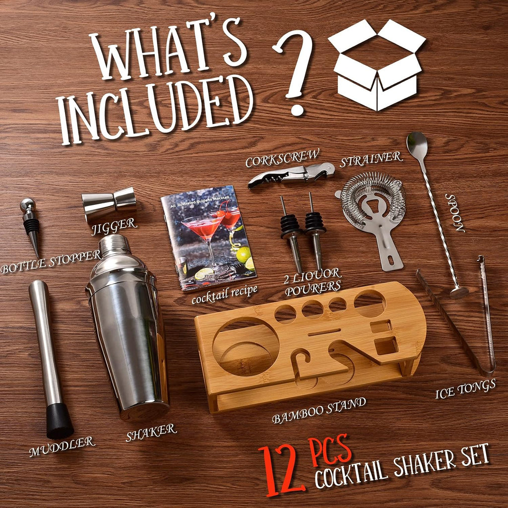 Cocktail Shaker Set Bartender Kit, 12-Pcs Bar Tool with Bamboo Stand - Set of 12