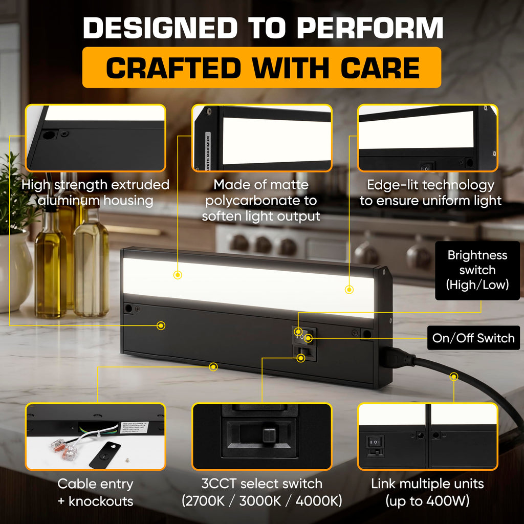 LED Under Cabinet Lighting Hardwired - 9 Inch Black