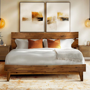 Aurora Solid Wood Queen Platform Bed Frame with Headboard, Walnut
