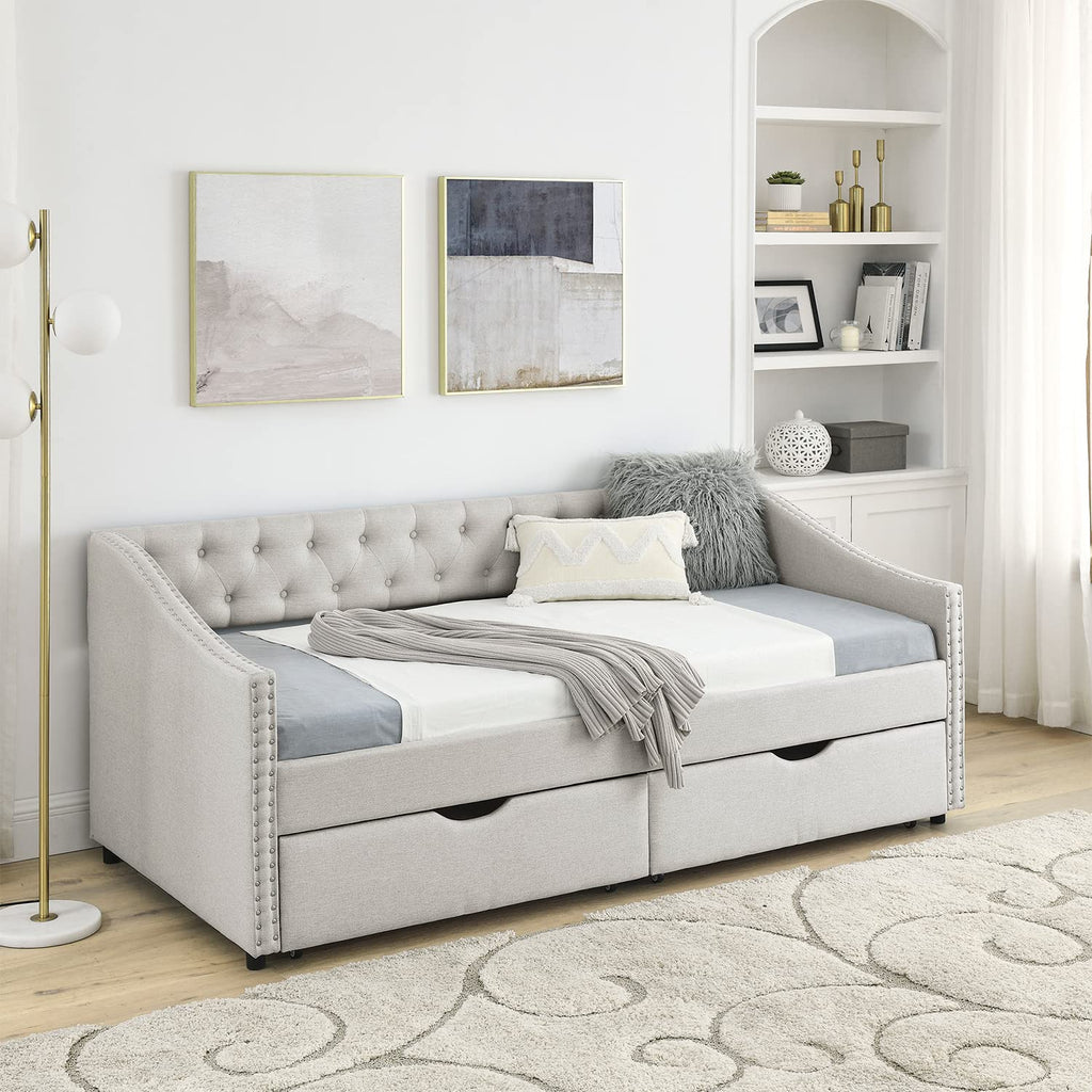 Upholstered Daybed with Drawers, Modern Fabric Twin Size Button Tufted Daybed Frame Sofa Bed, No Box Spring Needed