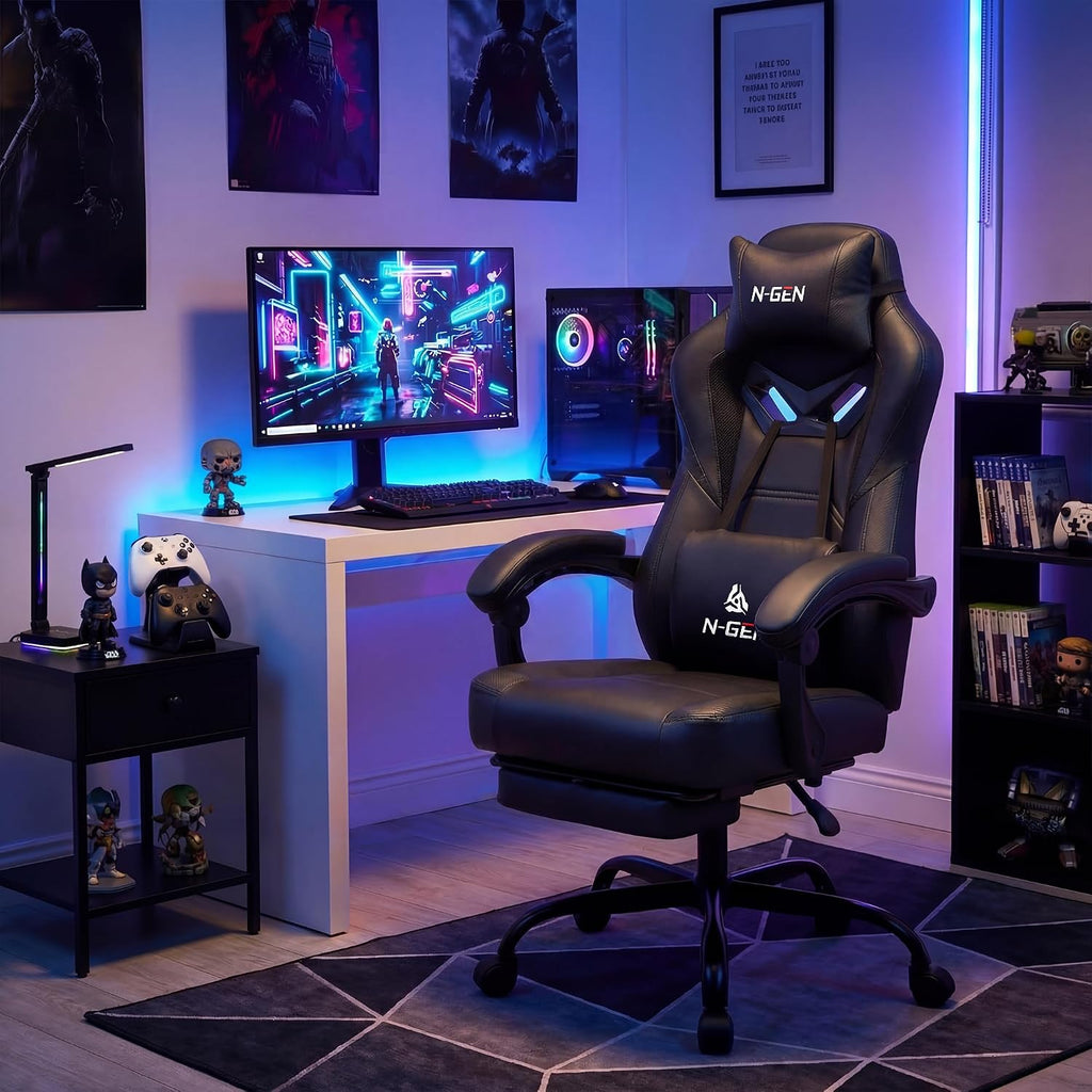 Big & Tall Gaming Chair, Footrest, Lumbar Support, Dark Black | Ergonomic High-Back Chair for Adults, Padded Wide