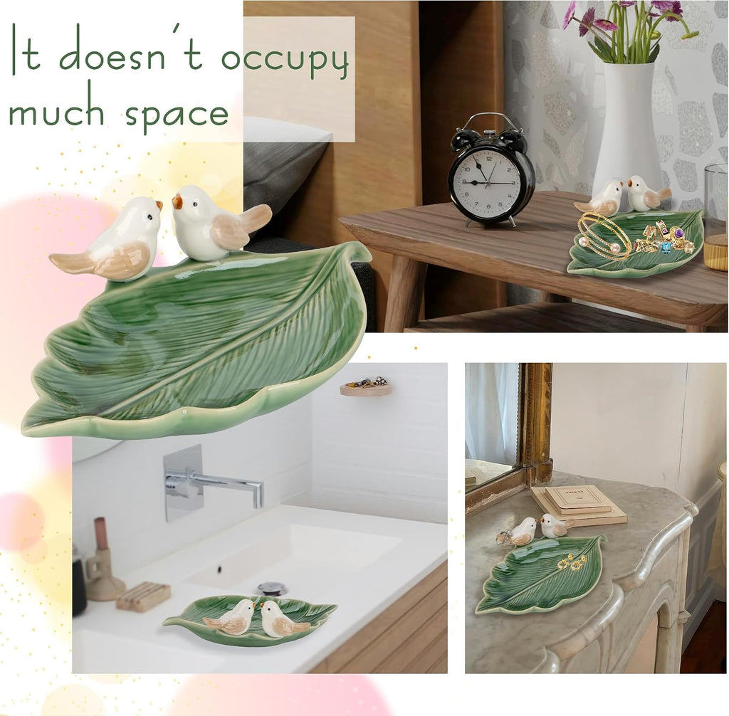 Green Ceramic Leaf Jewelry Tray with Bird Accents