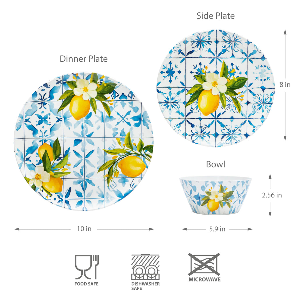Melamine Dinnerware12 Piece Outdoor Indoor Set, Lemon Tiles