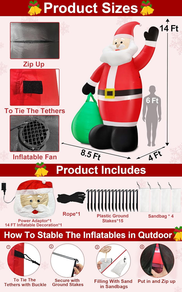 14 Ft by 8.5 Ft Giant Christmas Inflatable Santa Claus with Gift Bag Outdoor Decorations, Lighted Outside Standing