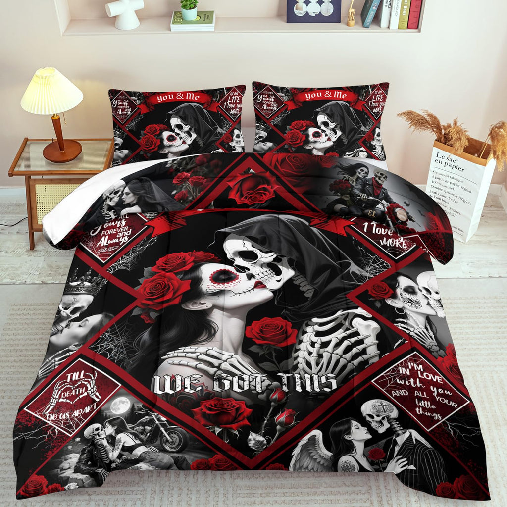 Red Skull Comforter Set Full Size Women Men Black Goth Bedding Set GirlsGothic Full Size Comforter Couple Red Rose