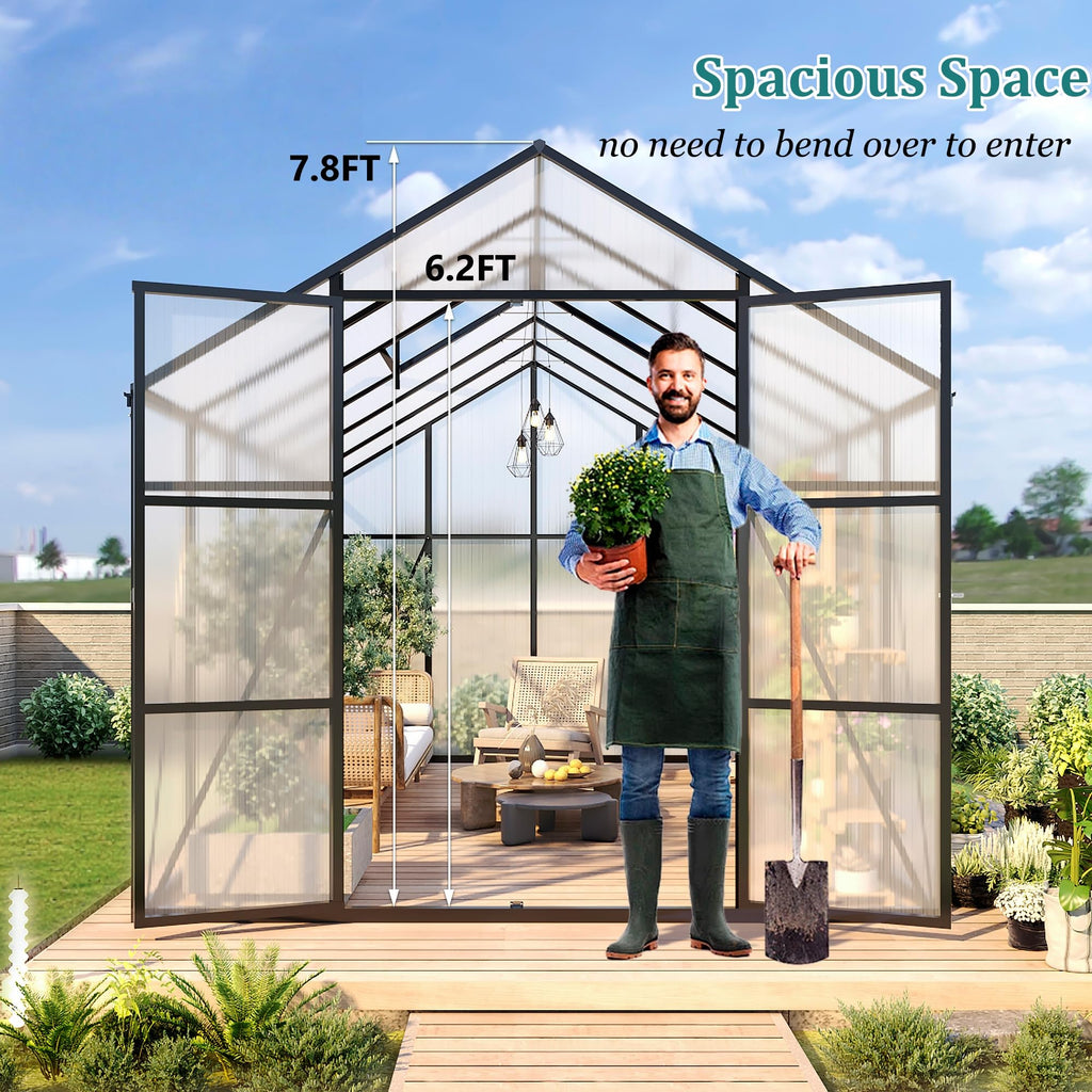 Greenhouse for Outdoors 8x12x7.8FT, Polycarbonate Greenhouse with Stronger Wind Protection and Roof Vent, Walk-in