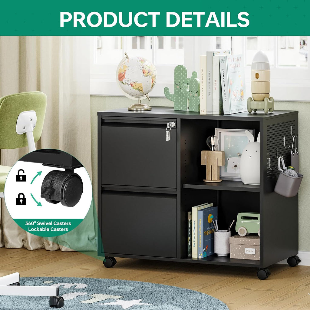 Mobile File Cabinet, Metal Lateral Rolling Printer Stand Filing Cabinets with Shelves -Storage A4/F4 (Black)