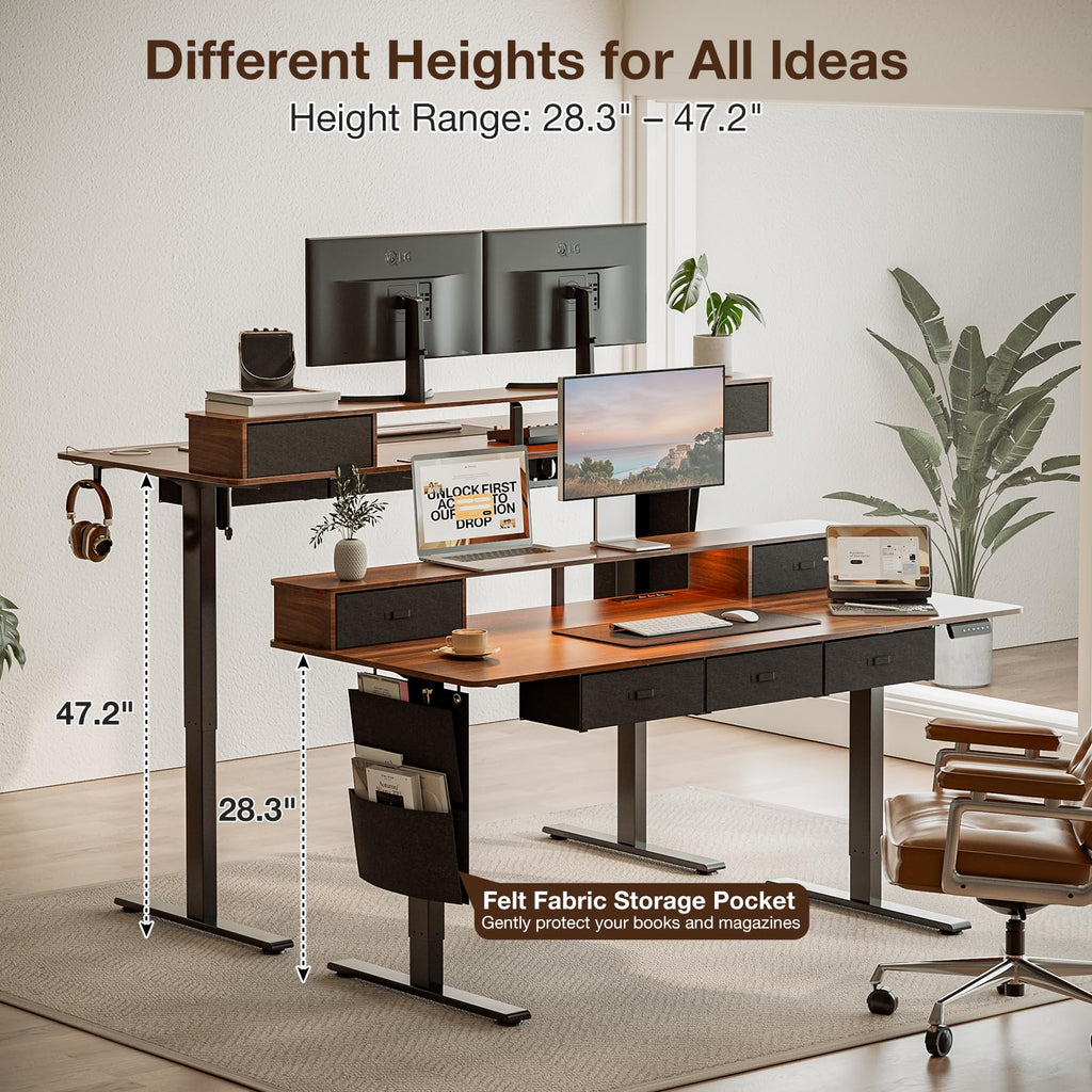 63x32" Electric Standing Desk with 5 Drawers, Power Outlets, LED Light