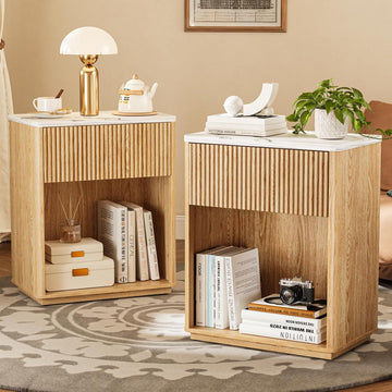 Modern Fluted Nightstand Set of 2 , Mid Century Bedside Table Set with Marble Top & Drawer, Wood End Table, 2