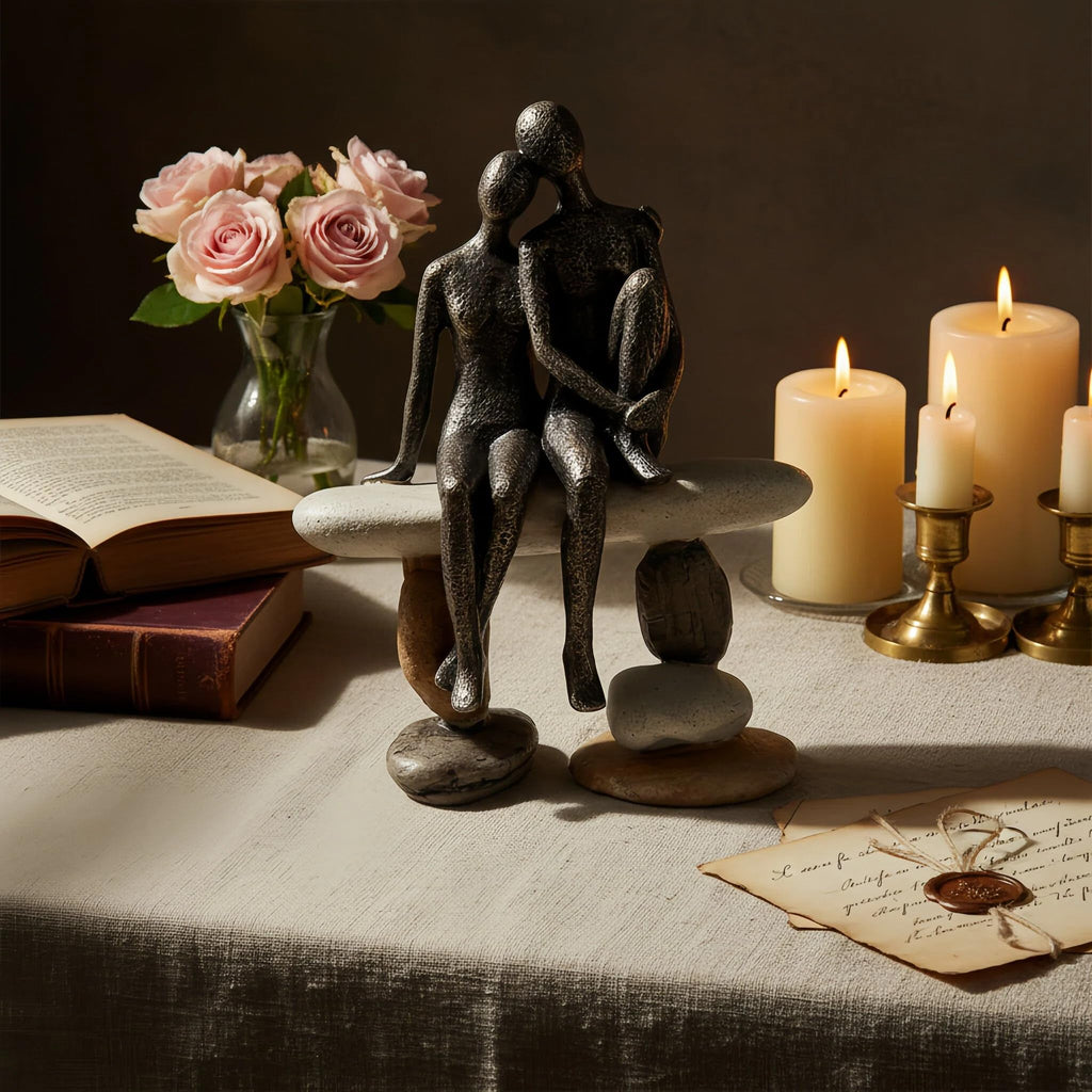 Romantic Couple Figurines Sculpture - Abstract Couple Sculpture on Stone Bench, Modern Home Decor Statue, Unique for