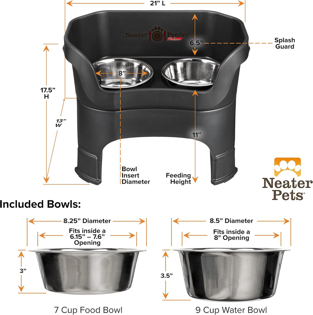 Feeder Deluxe Mess-Proof Elevated Dog Bowls for Large Dogs (40+ lbs), 2 Height Adjustable (14.5" & 17.5") No-Spill